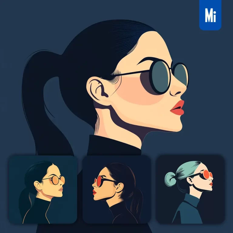 midjourney prompt side front ponytail lady woman head face vintage vector sunglasses flat portrait illustration