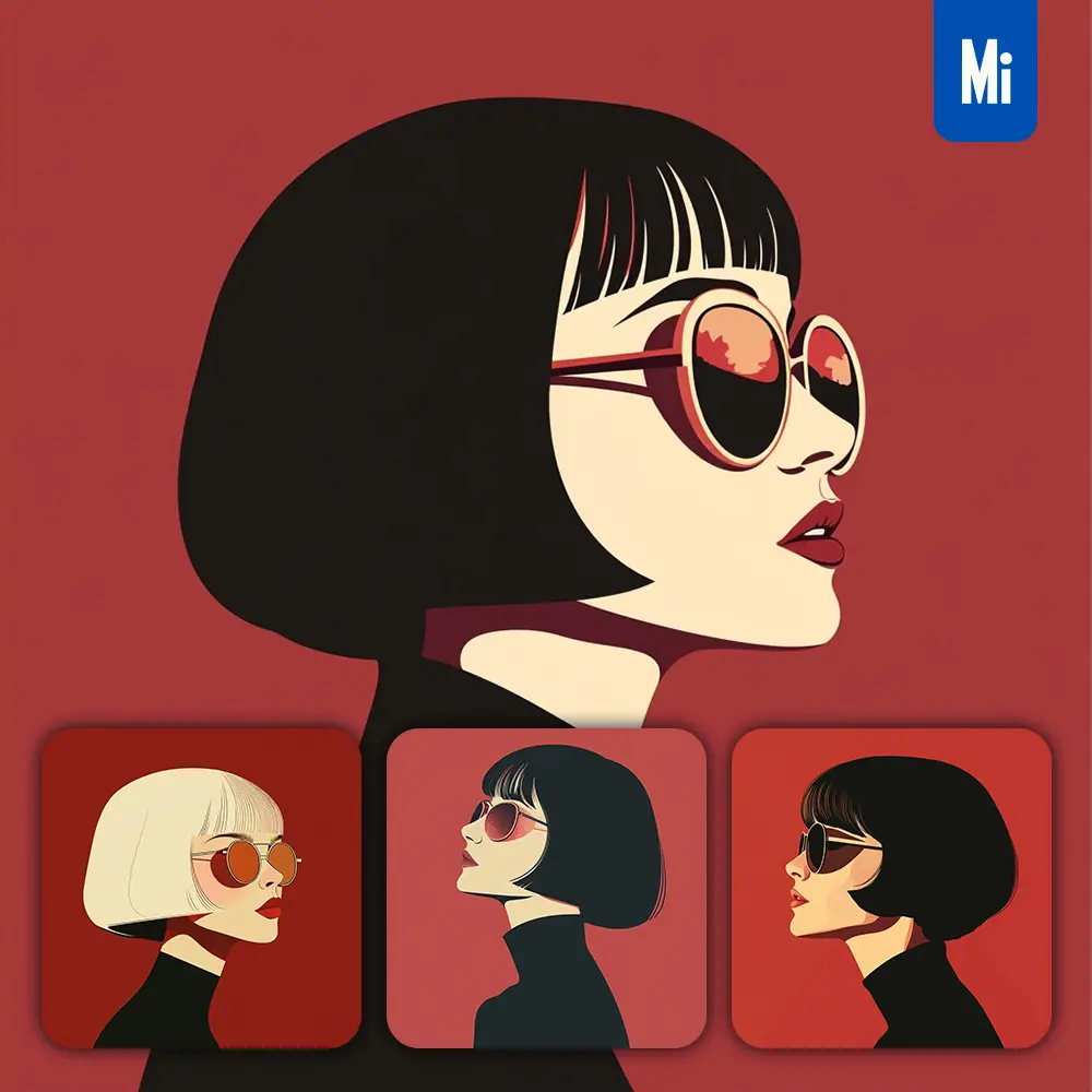 Midjourney Prompt Side Short Hair Lady Woman Head Face Vintage Vector Sunglasses Flat Portrait Illustration