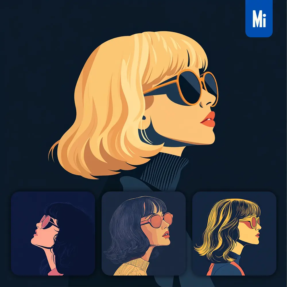 midjourney prompt side waves hair lady woman head face vintage vector sunglasses flat portrait illustration