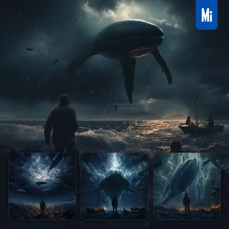 midjourney prompt sky dark water whale float science fiction 3D photography