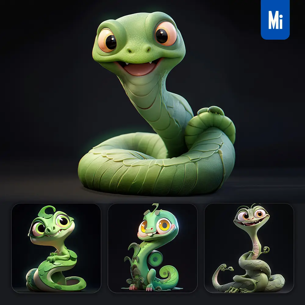 midjourney prompt snake cute 3D cartoon IP character C4D animation