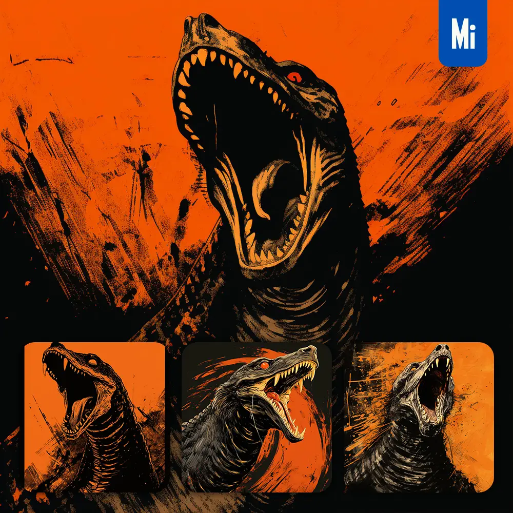 midjourney prompt snake lizard woodprint screaming shout black orange woodcut print engraving