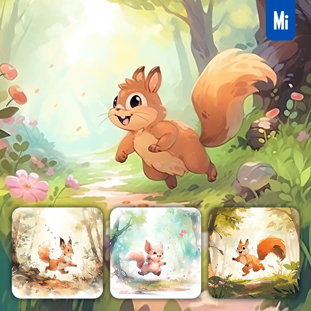 midjourney prompt squirrel run happy forest ink tree watercolor painting illustration