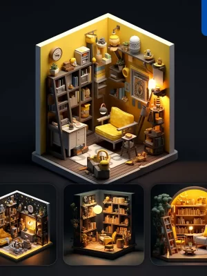 Midjourney Prompt Study Bookcase Indoor Home Scene Space 3d Isometric Model