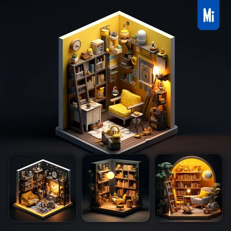 midjourney prompt study bookcase indoor home scene space 3D isometric model