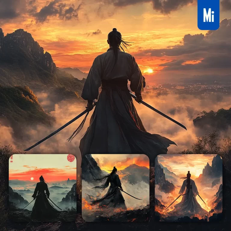 midjourney prompt swordsman Chinese robe sword sunset mountain martial back
