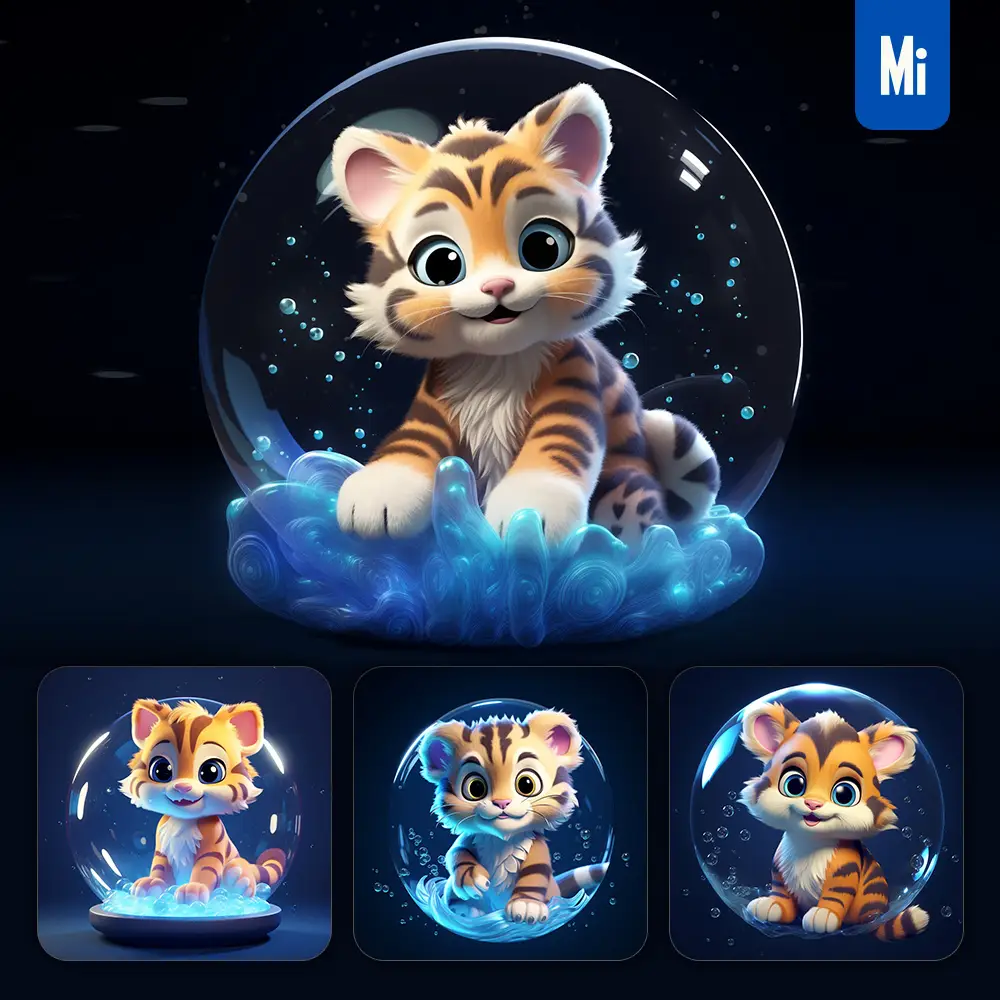 midjourney prompt tiger bubble water underwater cute cartoon 3D