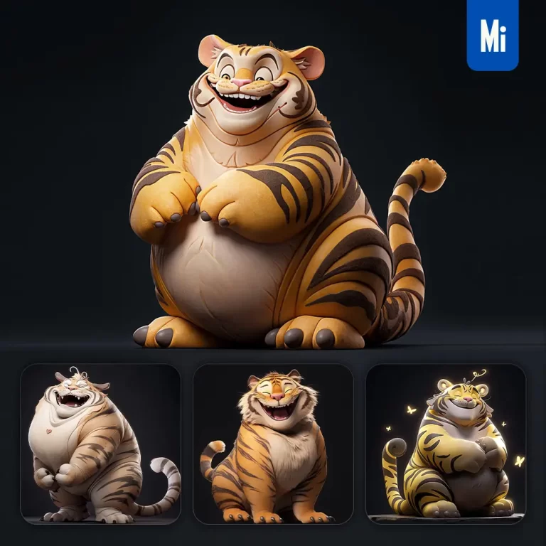 midjourney prompt tiger fat cute 3D cartoon IP character C4D animation