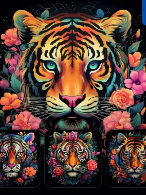 Midjourney Prompt Tiger Front Head Face Flowers Artist Colorful Painting Illustration Tattoo Pattern