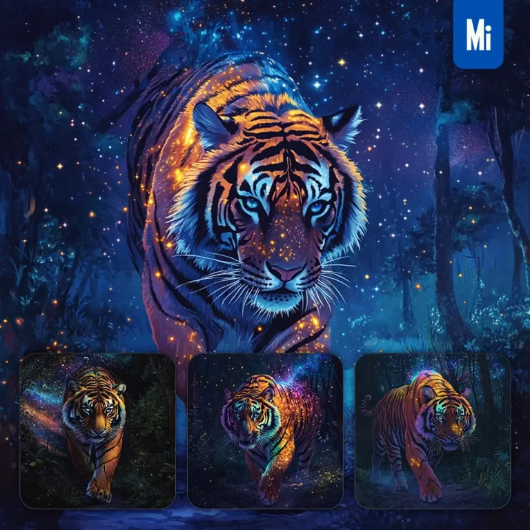 midjourney prompt tiger night enchanted forest starry sky illustration painting