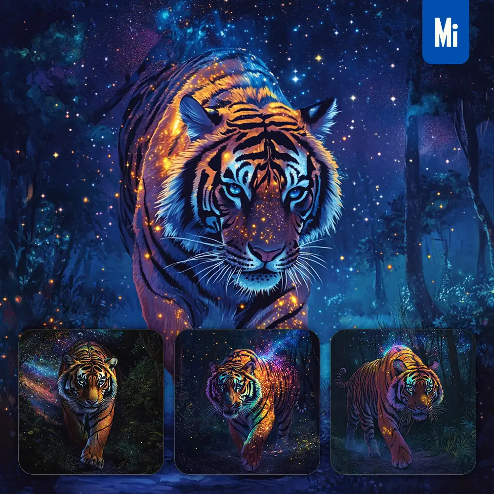 Midjourney Prompt Tiger Night Enchanted Forest Starry Sky Illustration Painting