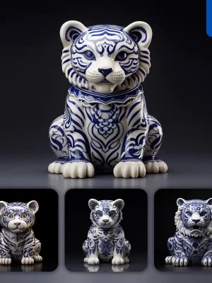 Midjourney Prompt Tiger Porcelain Blue Animals Chinese China Pattern 3d