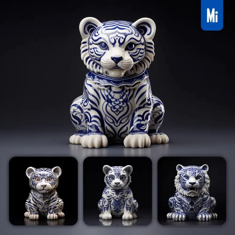 midjourney prompt tiger porcelain blue animals Chinese China pattern 3D