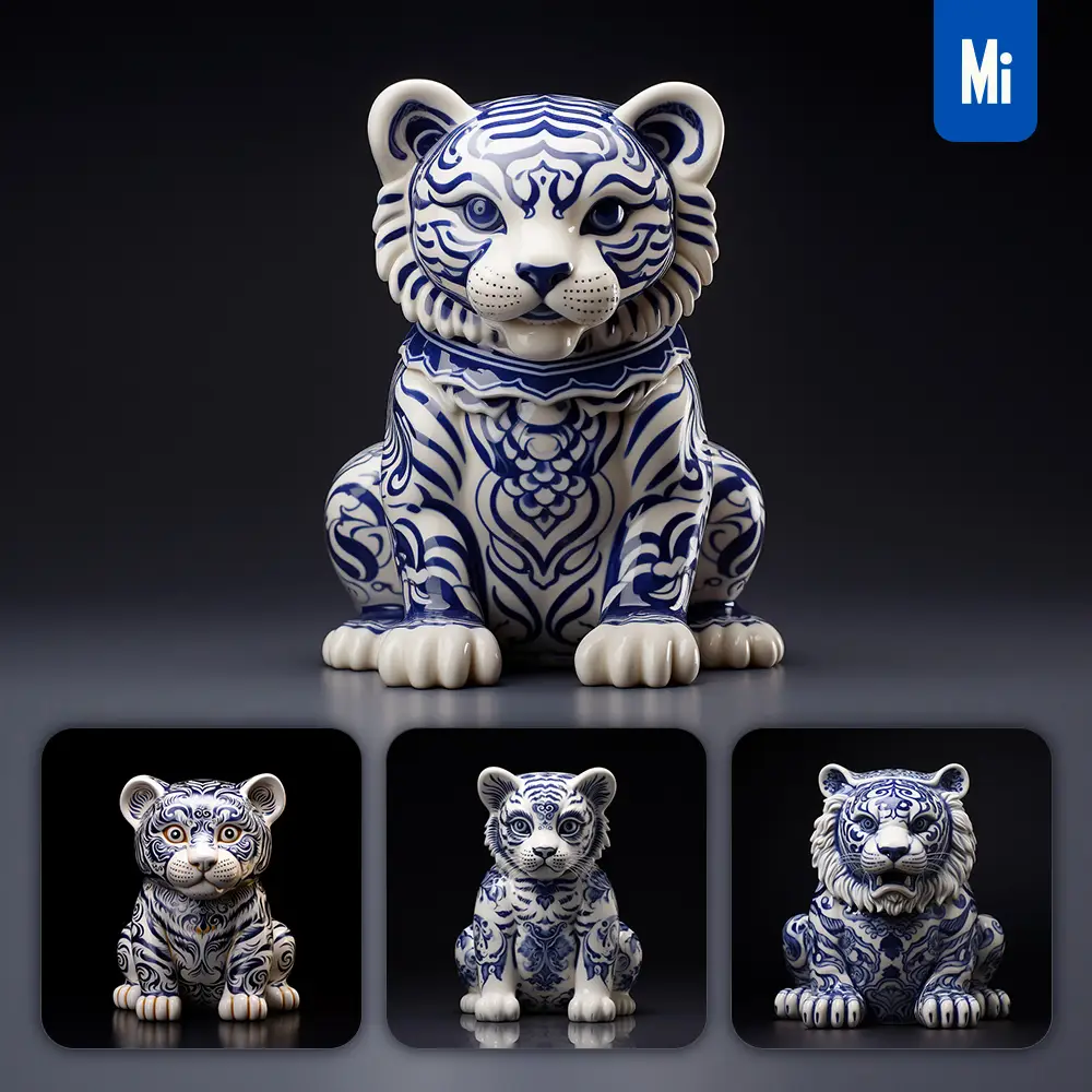 midjourney prompt tiger porcelain blue animals Chinese China pattern 3D