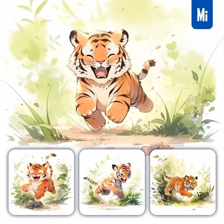 midjourney prompt tiger run happy forest ink tree watercolor painting illustration