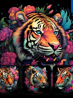 Midjourney Prompt Tiger Side Head Face Flowers Artist Colorful Painting Illustration Tattoo Pattern