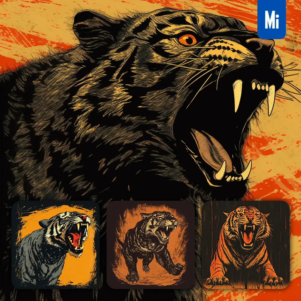 midjourney prompt tiger woodprint screaming shout black orange woodcut print engraving