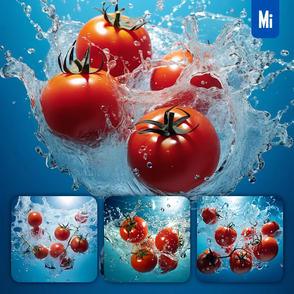 midjourney prompt tomatoes underwater splash water spray photography