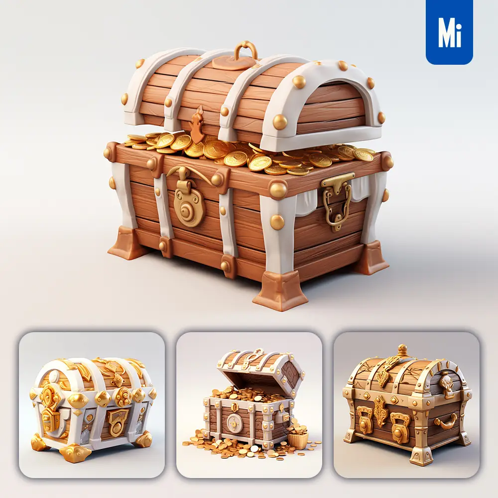 midjourney prompt treasure chest box white wooden C4D 3D icon cartoon