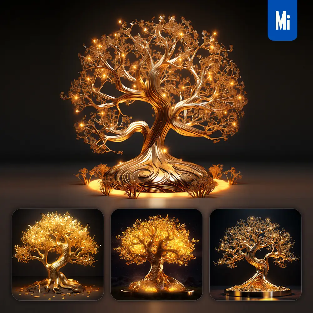 midjourney prompt tree golden sparkling lighting material 3D