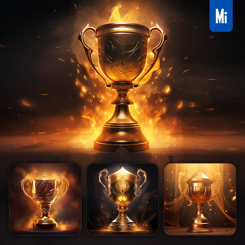 midjourney prompt trophy cup champion golden sparkling lighting material 3D