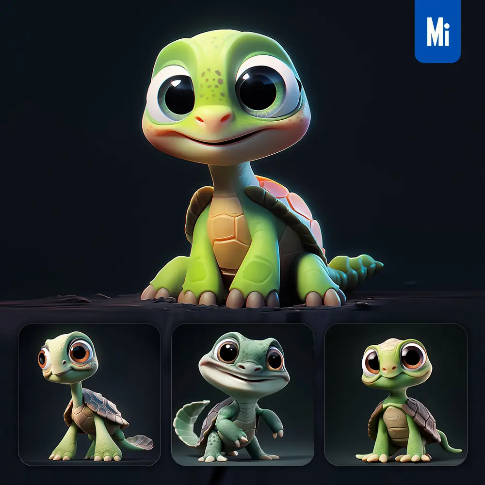 midjourney prompt turtle cute 3D cartoon IP character C4D animation