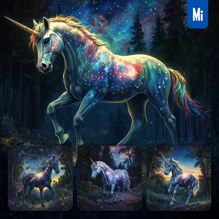 midjourney prompt unicorn night enchanted forest starry sky illustration painting
