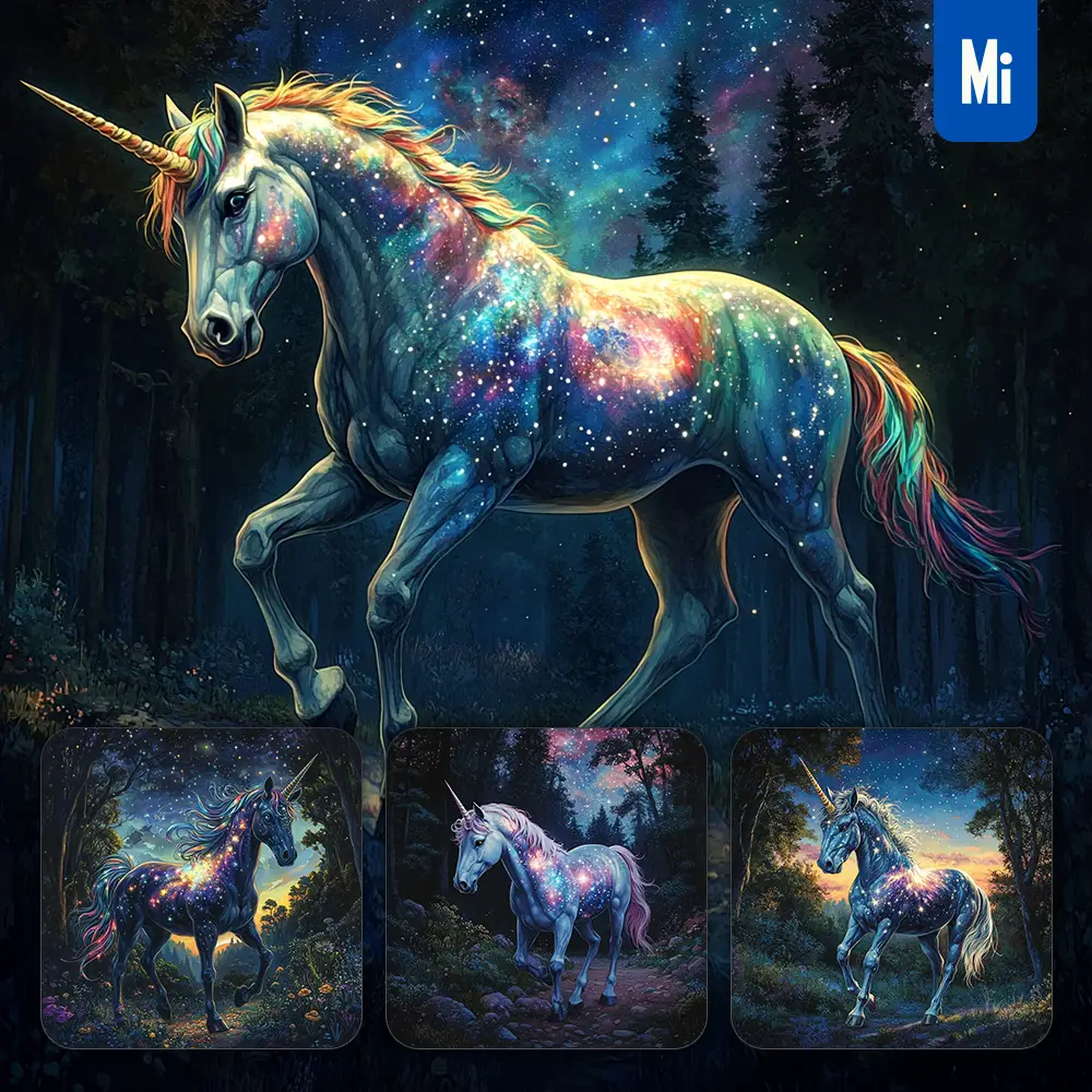 midjourney prompt unicorn night enchanted forest starry sky illustration painting