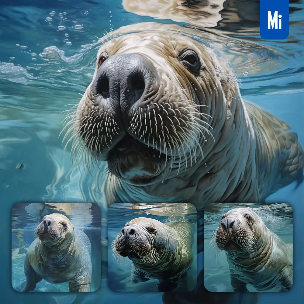 Midjourney Prompt Walrus Ocean Swimming Underwater Sea Face Oil Painting