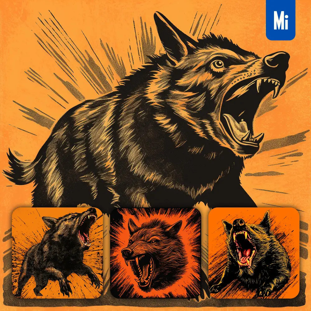 Midjourney Prompt Wild Boar Woodprint Screaming Shout Black Orange Woodcut Print Engraving