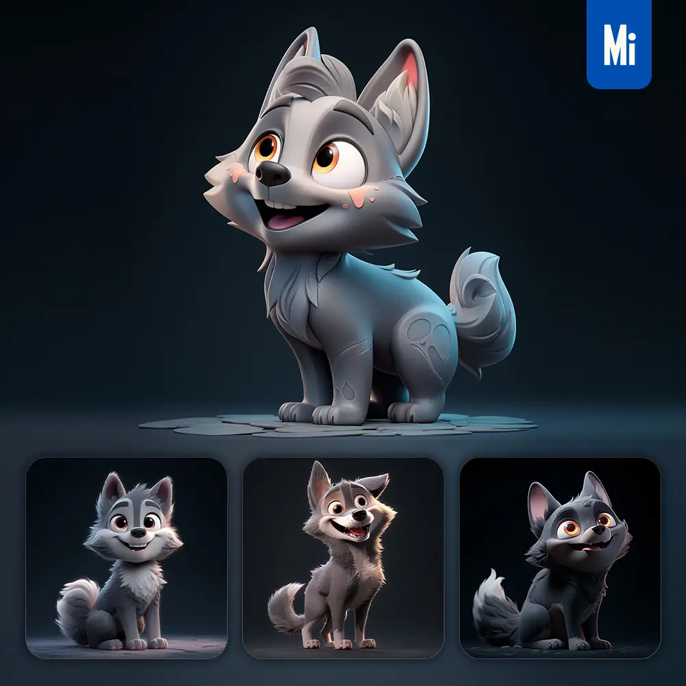 midjourney prompt wolf cute 3D cartoon IP character C4D animation