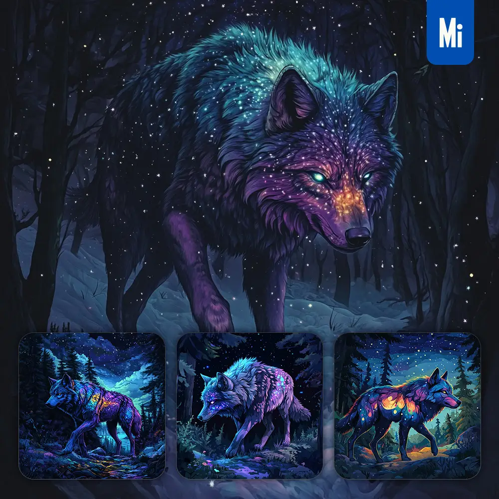 midjourney prompt wolf night enchanted forest starry sky illustration painting