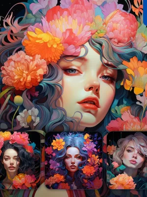 Midjourney Prompt Woman Front Head Face Flowers Artist Colorful Painting Illustration Tattoo Pattern