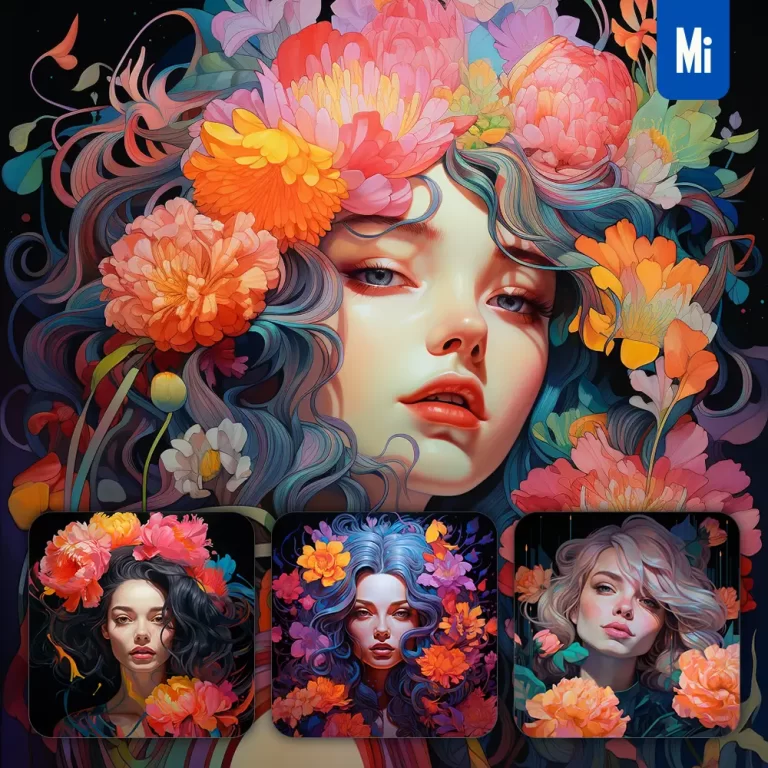 midjourney prompt woman front head face flowers artist colorful painting illustration tattoo pattern