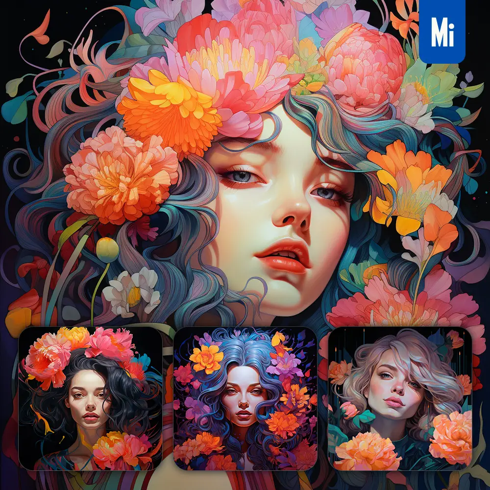 midjourney prompt woman front head face flowers artist colorful painting illustration tattoo pattern