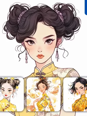 Midjourney Prompt Yellow Chinese Girl Woman Cheongsam Portrait Cartoon Illustration