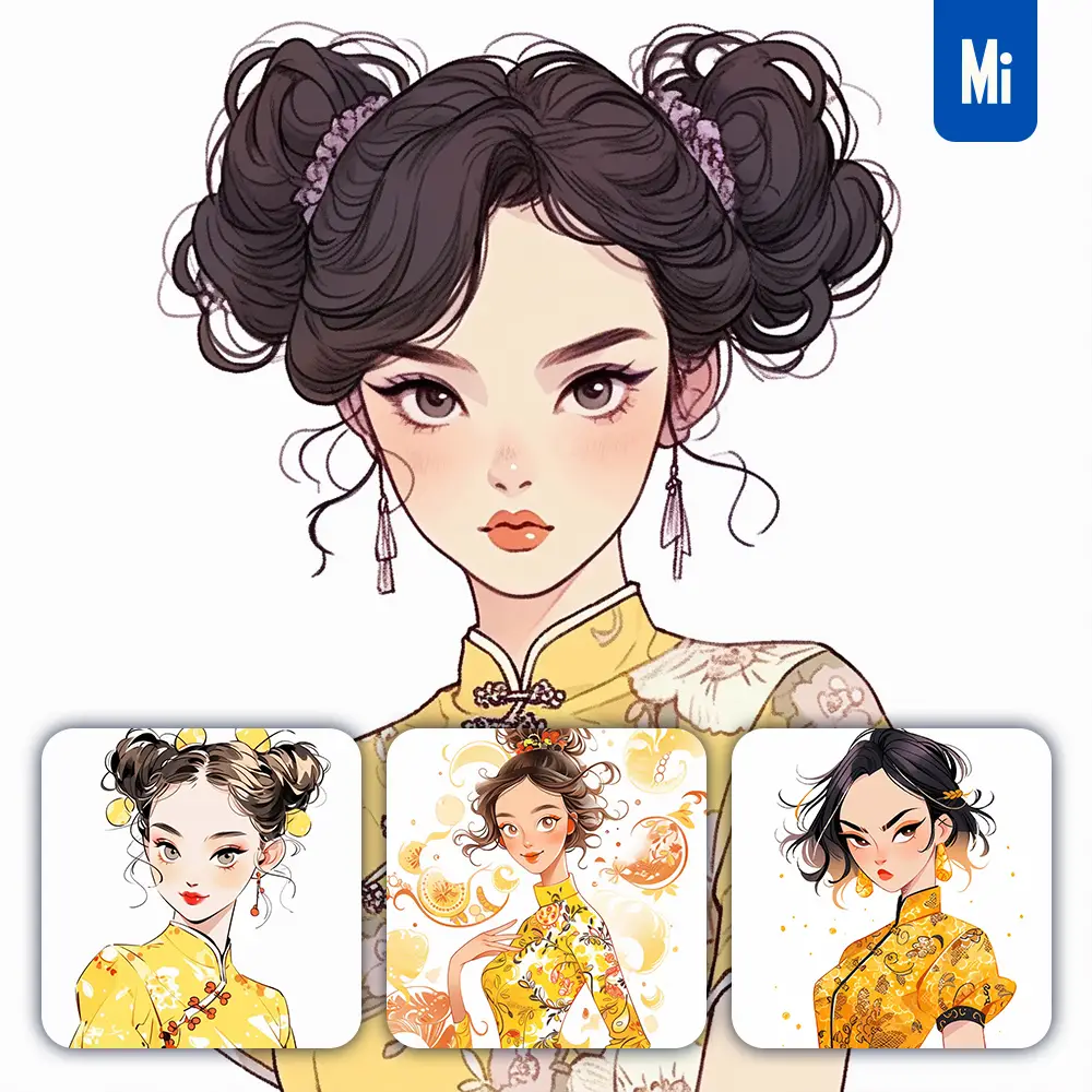 Midjourney Prompt Yellow Chinese Girl Woman Cheongsam Portrait Cartoon Illustration