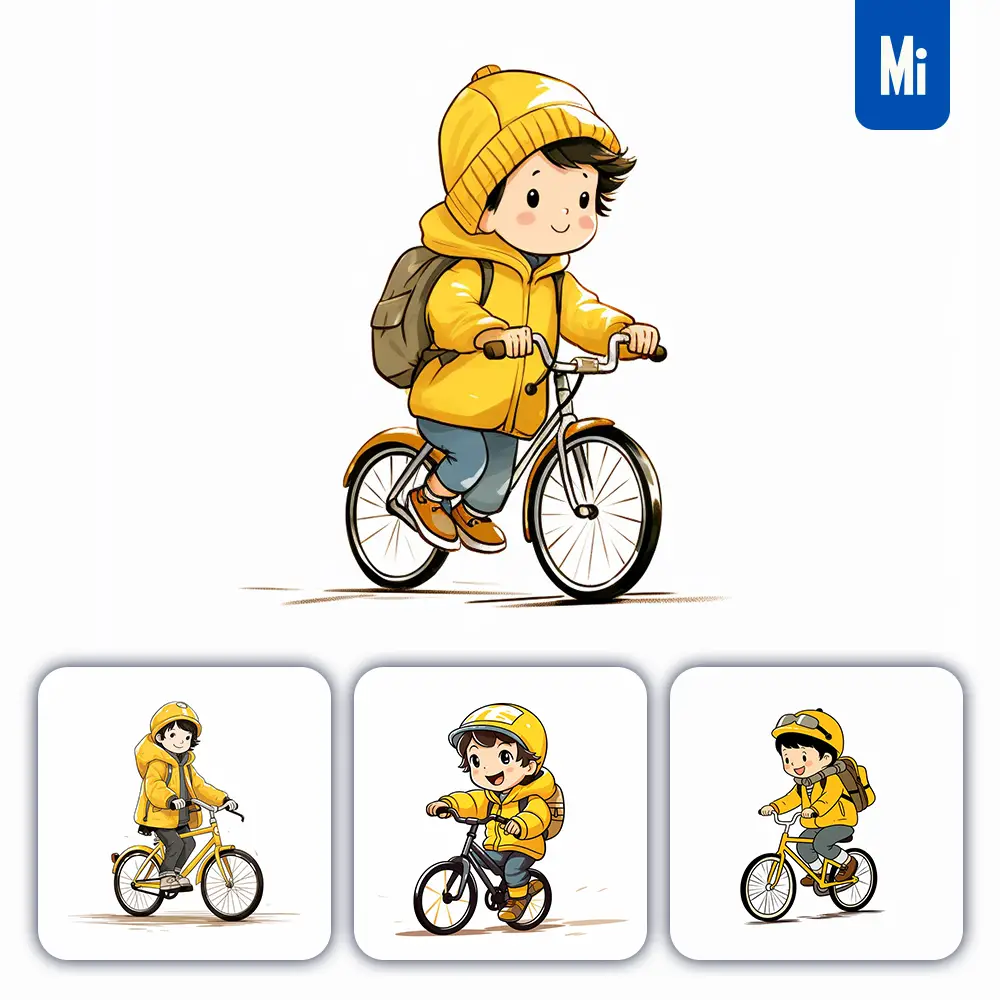 midjourney prompt yellow boy ride bicycle cartoon bike illustration drawing