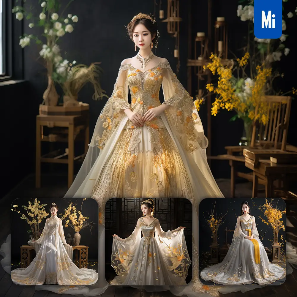 midjourney prompt yellow white wedding dress fairy Chinese traditional model apparel design skirt