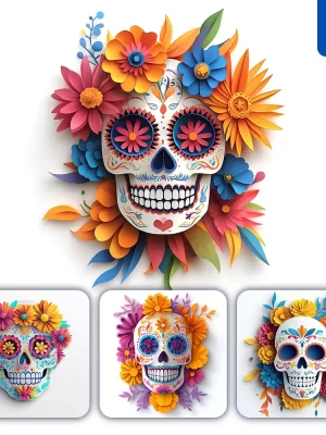 Midjourney Prompt 3d Dead Skull Colorful Flowers White Paper Cut Illustration