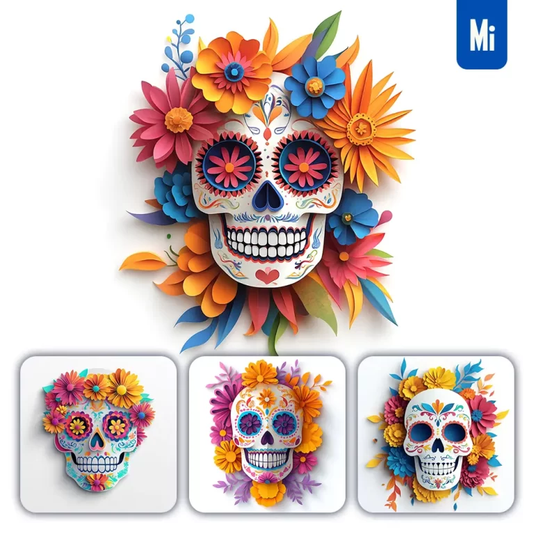 midjourney prompt 3D dead skull colorful flowers white paper cut illustration Mexican