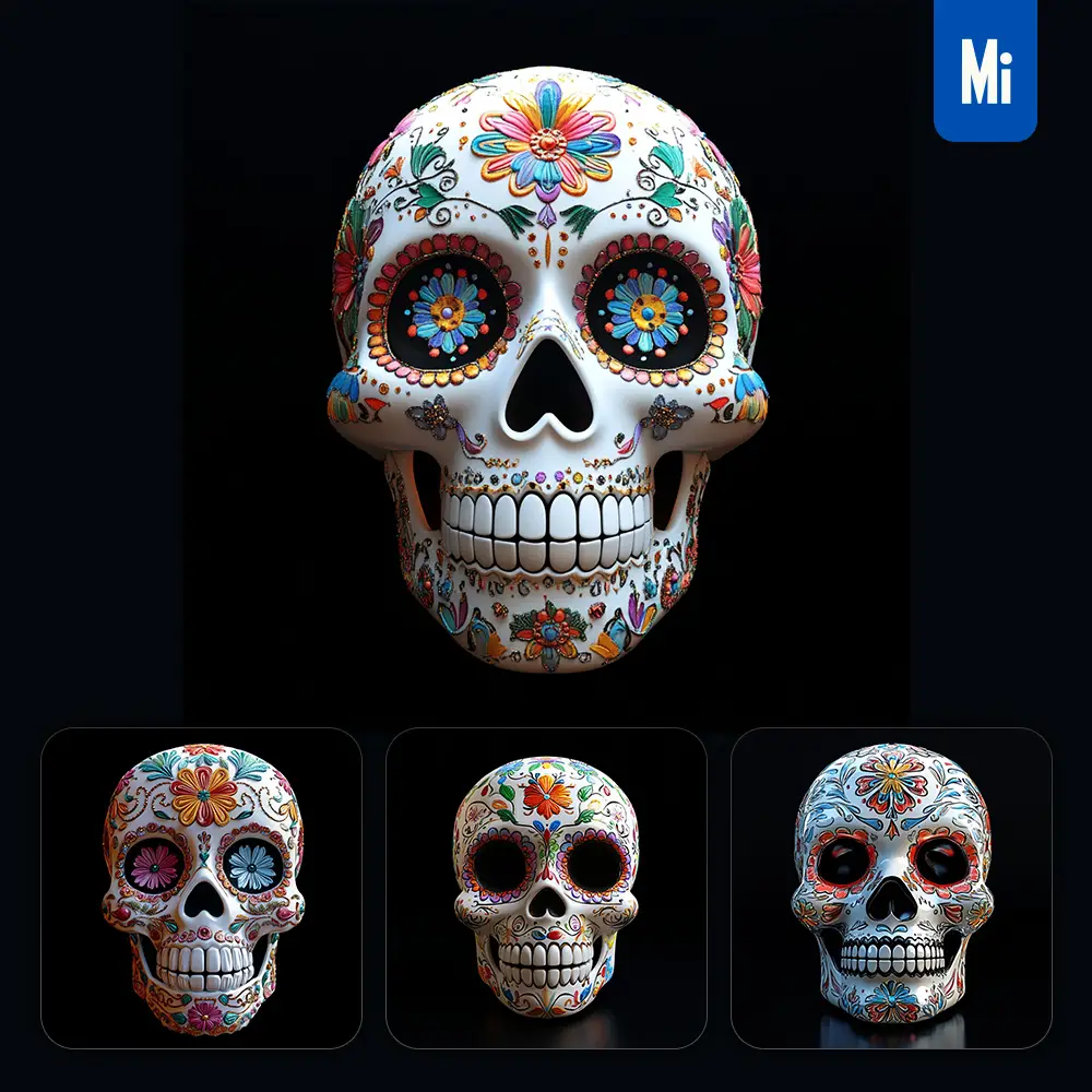 midjourney prompt 3D white skull colorful embellishment dead pattern