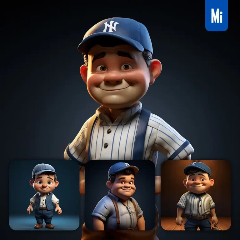 midjourney prompt Babe Ruth cartoon character 3D cute superstar animation