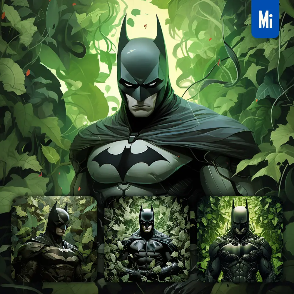midjourney prompt Batman leaves butterfly green portrait painting illustration
