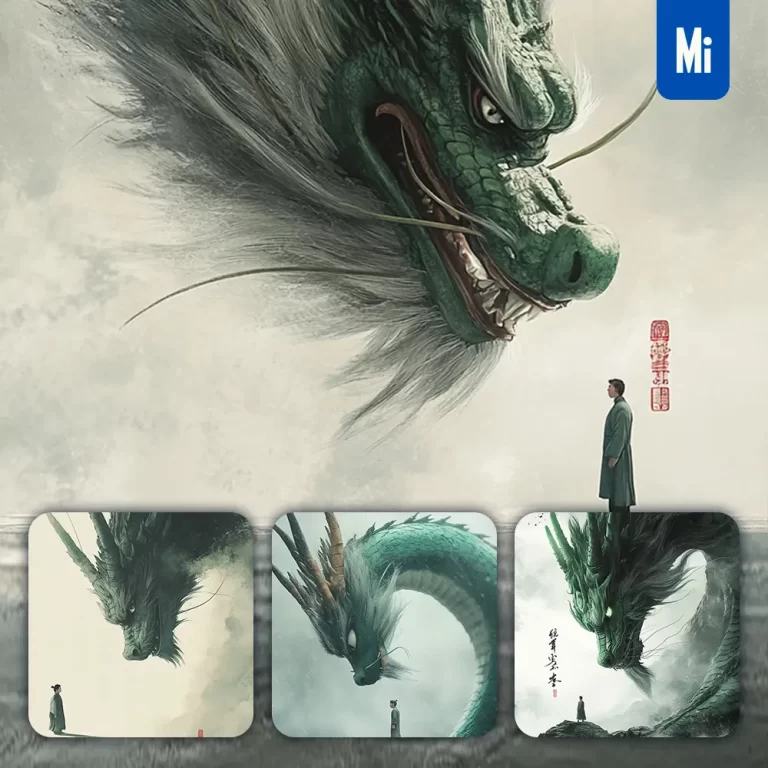 midjourney prompt Chinese dragon human man illustration dramatic scene