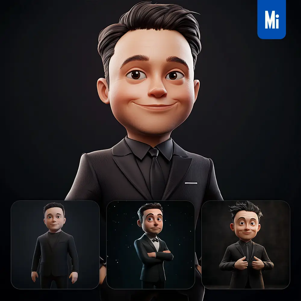 midjourney prompt Elon Musk superstar model cartoon character 3D cute animation