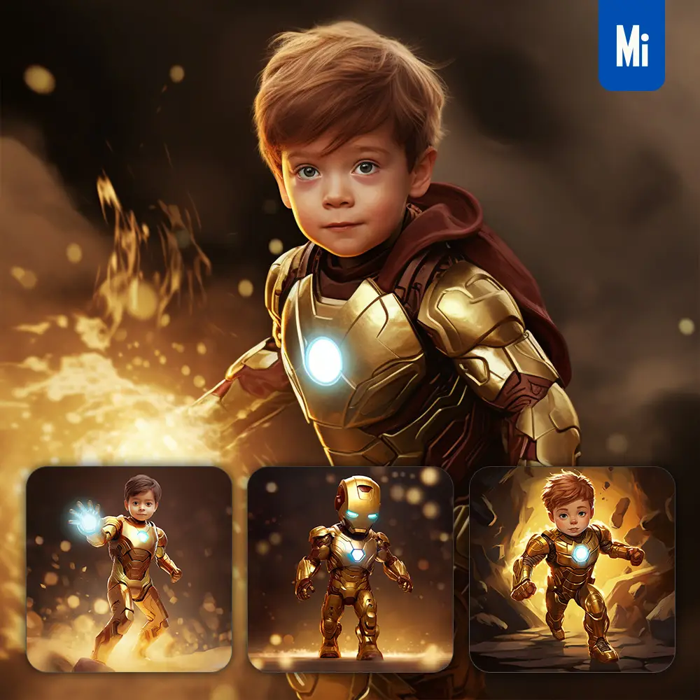 Midjourney Prompt Iron Man Little Boy Kids Superhero Golden Cartoon Illustration Painting
