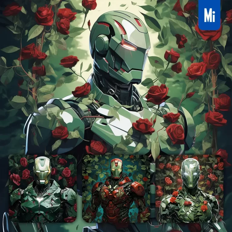 midjourney prompt Iron man roses green butterfly leaves portrait painting illustration