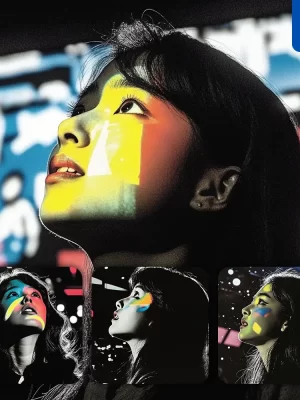 Midjourney Prompt Korean Woman Girl Face Head Look Up Woodcut Print Woodblock