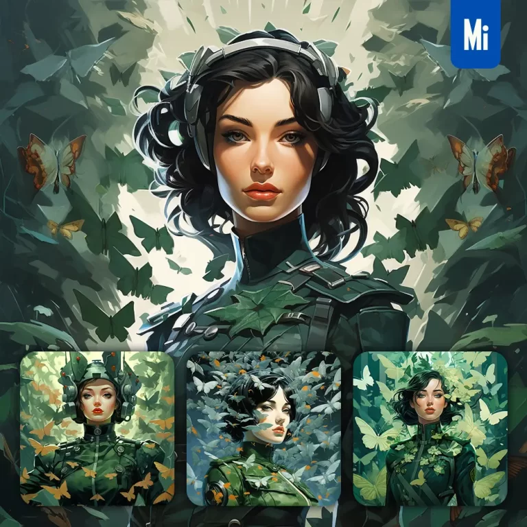 midjourney prompt Marine woman girl uniform butterfly leaves portrait painting illustration